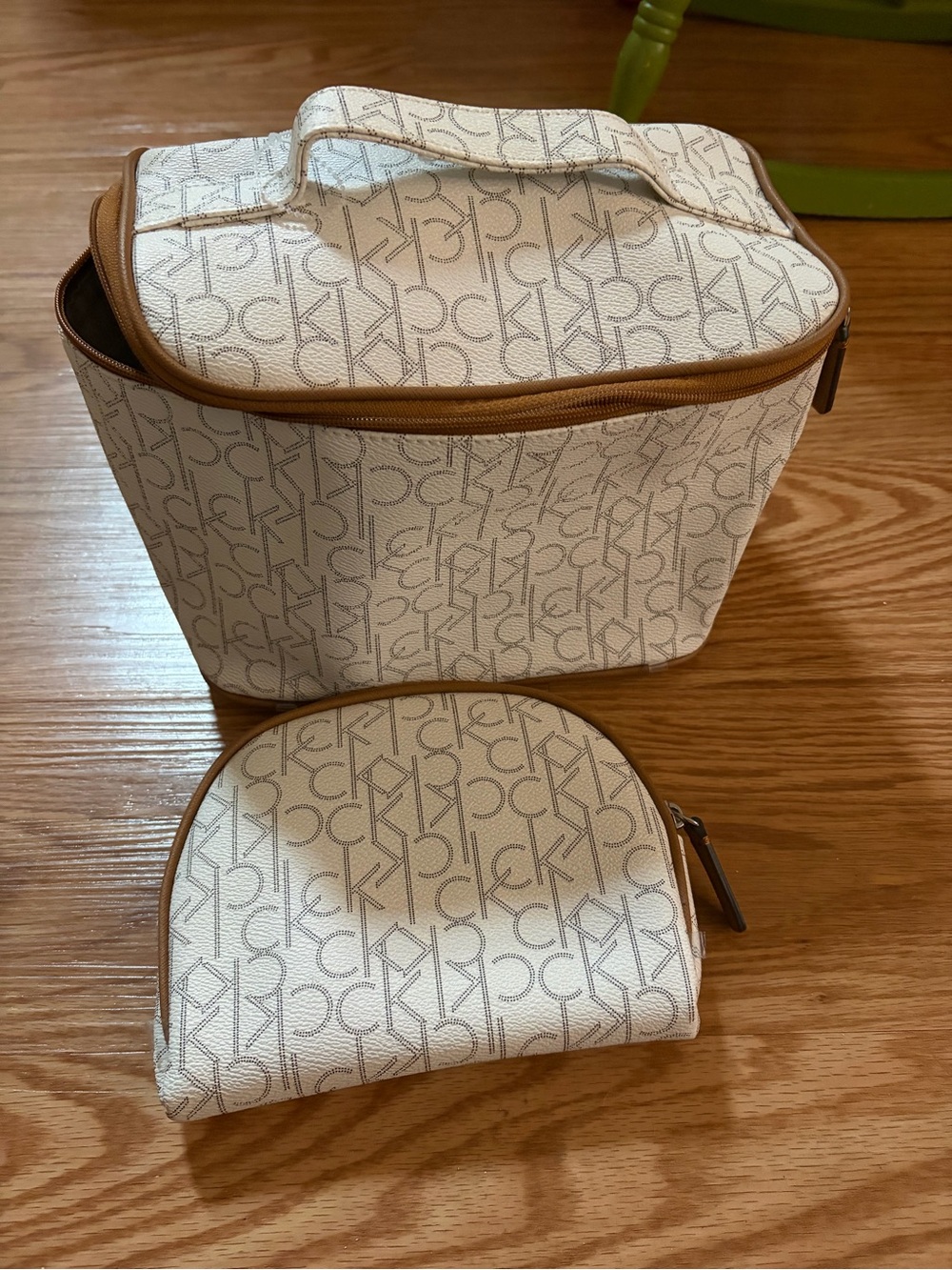 Calvin Klein Cream and Tan CK Logo Cosmetic Bag Set